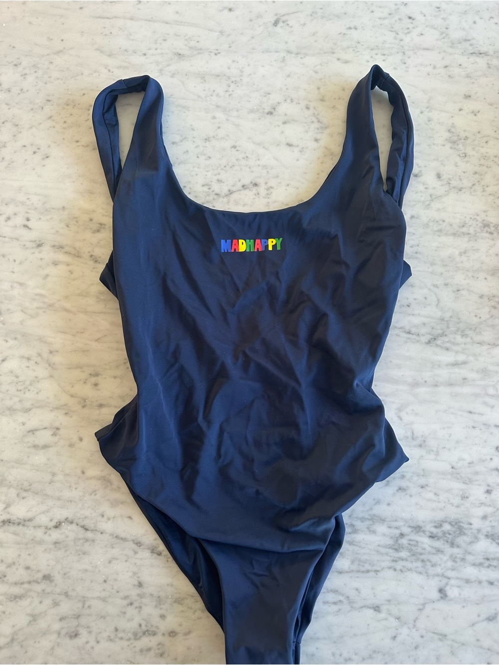 MADHAPPY Navy Logo one piece swimsuit with Rainbow Lettering